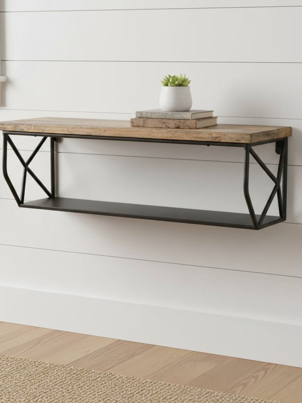 20" Geometric Metal Floating Shelf Rustic Wood Top Wall Mount Storage Display